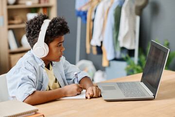 Wall Mural - African boy in wireless headphone looking at monitor of laptop and making notes in his notebook during online studying