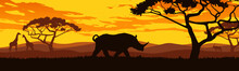 Savannah Landscape Sunset Vector Illustration With Rhino And Two Giraffe