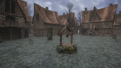 Aufkleber - Dark foreboding empty medieval village with wooden buildings, old carts and well. 3D illustration.