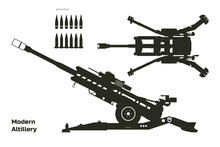 Black Silhouette Of Modern Artillery. Isolated Cannon Blueprint. Top, Side View Of Military Weapon. Industrial Drawing Of Army Gun With Ammunition