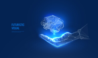 Brain diseases in digital futuristic style. The hand holds the brain, the concept of neurological diseases or artificial intelligence. Wireframe vector illustration on dark night background