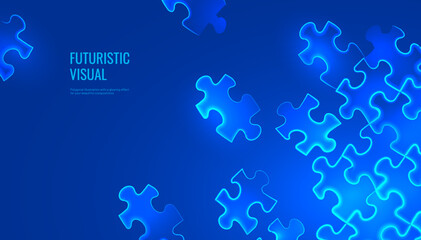 Puzzle background in digital futuristic style. The silhouettes of the puzzle pieces are combined into a pattern. Vector illustration on a blue background.