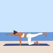 Sunbird Pose / Chakravakasana. Stretching flexible woman practicing doing yoga asana on mat in nature. The cartoon painting illustration poster of person on seaside background.