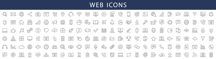 Wall Mural - Web icons set. Media, web, contact, commerce, communication, device icons.Thin line icons collection. Vector illustration