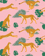 Vector seamless pattern of flat hand drawn cheetah and palm leaves isolated on pink background