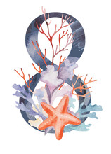 Blue Number 8 Decorated With Watercolor Seaweeds, Corals And Seashells Illustration.