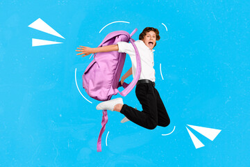 Canvas Print - Composite collage portrait of little excited overjoyed boy jump flight huge pink backpack isolated on blue background