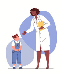 Wall Mural - Sympathetic, friendly attitude of doctor to little patient. Individual approach to child in provision of medical, preventive, psychological assistance. Flat vector illustration on white background.