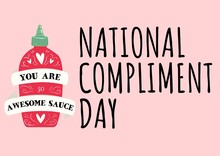 Composition Of National Compliment Day Text With Bootle Icon On Pink Backgorund