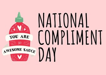 Wall Mural - Composition of national compliment day text with bootle icon on pink backgorund