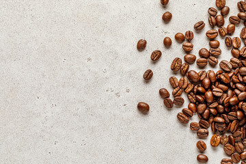 Wall Mural - Advertising coffee poster. Stone background with scattered roasted beans