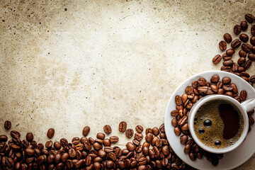 Wall Mural - Concrete background with rough texture and coffee border frame. Rough texture with copy space and vignette. Fresh morning espresso in cup and scattered roasted beans