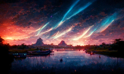3D illustration In the universe, there is a galaxy with stars and a mountain view lake in the night sky background with stars and space dust. A landscape with a gradient of stars among the galaxies