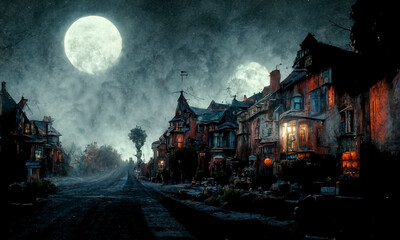 Wall Mural - 3D illustration of a Halloween concept background of a castle and graveyard. Horror background In stormy weather, an old American-style Horror house