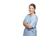 Friendly smiling mature nurse in a blue scrub, isolated on white background, copy or text space.