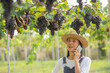 © sutlafk - female wearing overalls and farm dress straw hat, Smart farming Agriculture technology. Female in the garden using mobile phone to take orders for her grape. Woman farm owner taking online orders.