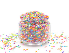 Small Sugar Candies Rainbow In Glass Jar. 