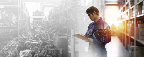 Asian male mechanic worker working at old motor automotive spare parts warehouse. Male engineer checking old engine, motor, machine at the garage industry factory. Double exposure