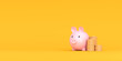 Piggy bank and a stack of coins on a yellow background. 3d render illustration.