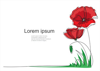 Poster - Poppy flowers in continuous line art drawing style. Minimalist black linear design isolated on white background. Vector illustration with quote template.