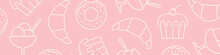 Banner With Sweet's Pattern, Cup Of Ice Cream, Croissant, Muffin And Donat Icon - Vector Illustration