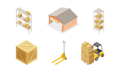 Wall Mural - Warehouse as Area for Goods Storage and Logistics with Forklift Moving Cardboard Boxes and Rack with Parcel Isometric Vector Set