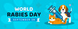 World Rabies Day greeting card banner vector design. Cute cartoon Beagle dog and orange tabby cat