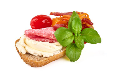 Assorted bruschetta with various toppings, isolated on white background. High resolution image.