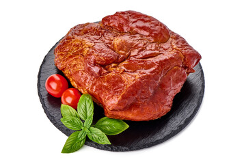 Sticker - Roasted pork meat, smoked spicy glazed meat, isolated on white background.