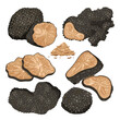Black truffle mushroom set vector illustration. Cartoon isolated whole truffle, cut in half and slices, delicious food ingredient for cooking gourmet dishes, luxury delicatessen wild French mushroom