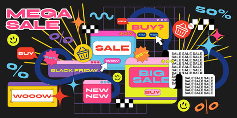 Wall Mural - acid cartoon retro discount frames. in memphis style, abstract geometric linear backgrounds in vibra