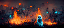 Ghost With Neon Eyes Standing In The Field Of Flames