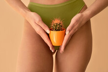    The Concept Of Hair Removal, Smoothness. A Woman With An Orange Cactus In Her Hands In Underwear.