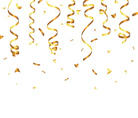 Canvas Print - Golden Tiny Confetti And Streamer Ribbon Falling On Transparent Background. Vector