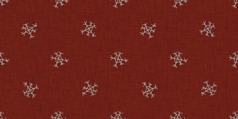 Seamless christmas snowflake woven linen border. Two tone seasonal red farmhouse frost edge for washi tape. Holiday textile for french Xmas snow repeat. 