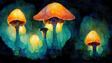 Colorful, Orange And Green, Bright, Fantasy Magic Mushrooms Glowing In The Dark. Illustration Aquarelle Painting. Creative, Artistic Watercolor Psychedelic Mushrooms.