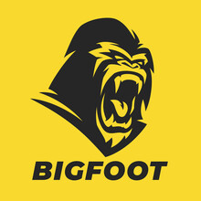 Silverback Gorilla Scream Logo. Angry Bigfoot Icon. Yeti Symbol. Sasquatch Emblem. Mythical Cryptid Ape Creature Face. Vector Illustration.