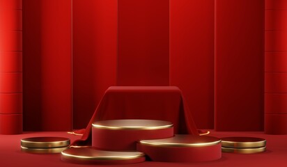 Wall Mural - 3d rendering of blank product background for cream cosmetics modern red podium background