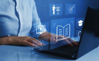 Wall Mural - person who attends online lessons on a digital screen. e-learning education, internet lessons and on