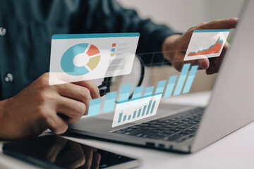 Aufkleber - Businesspeople working on a monitor graph dashboard while performing statistical and data analysis for corporate finance and investment ideas.