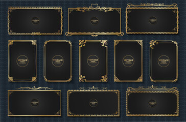 gold vintage frame collection, decorative border set, patterned design elements, frame vector isolated on black background