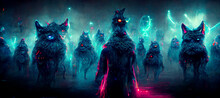 The Wizard Standing Among His 20 Demonic Wolves Digital Art Illustration Painting Hyper Realistic