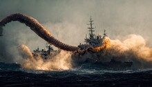 Giant Octopus Attacks A Ship In The Ocean Brutally With A White Cloud In The Background