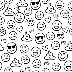 Wall Mural - Emojis, emoticon, seamless pattern, fun print with hand drawn faces, irregular shapes. Joy, anger, sadness, sleep, fear, and other facial expressions. Background texture, repeatable backdrop. Vector