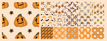 A Set Of Patterns For Halloween. Seamless Patterns In Orange With Black And White Colors, From Bats, Pumpkins, Gnomes, Skulls, Witches' Feet, Stars, Candy, Broom, Ball