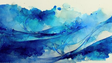 Wall Mural - blue watercolor with abstract shapes and forms on yellow paper. water paint texture, water splatter,