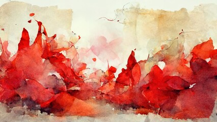 Wall Mural - red watercolor with abstract shapes and forms on yellow, brown paper. water paint texture, water spl