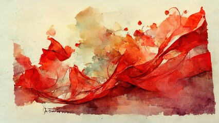 Wall Mural - red watercolor with abstract shapes and forms on yellow, brown paper. water paint texture, water spl
