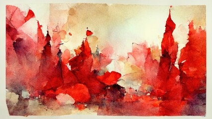 Wall Mural - red watercolor with abstract shapes and forms on yellow, brown paper. water paint texture, water spl