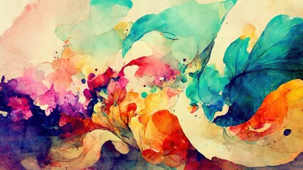 Wall Mural - colorful watercolor with abstract shapes and forms on yellow, brown paper. water paint texture, wate